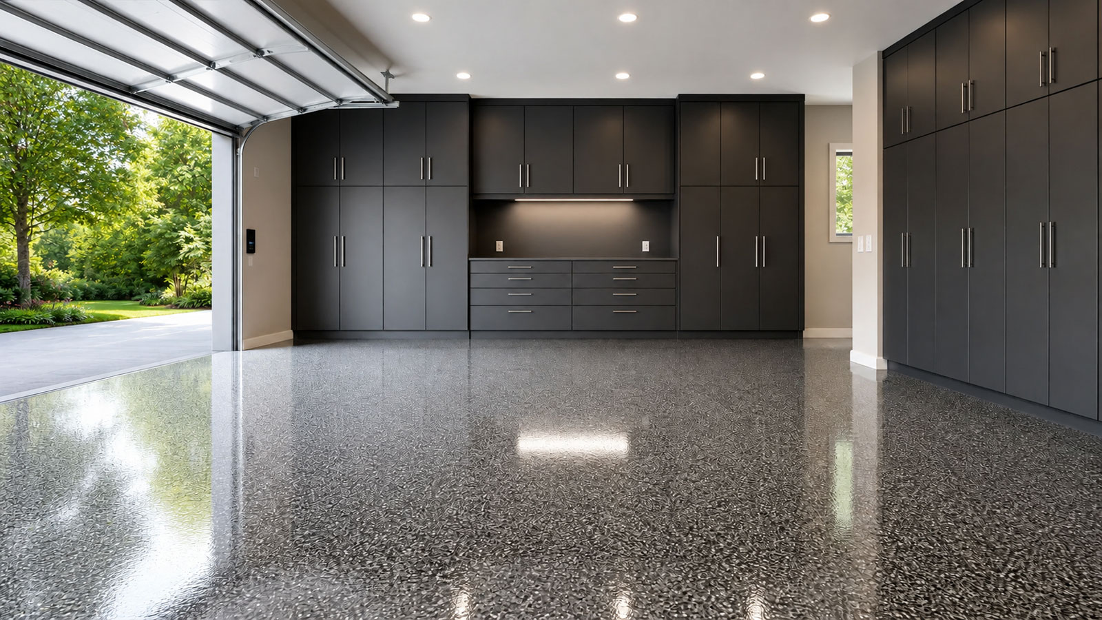 Premium residential garage with professionally coated floor and built-in cabinetry