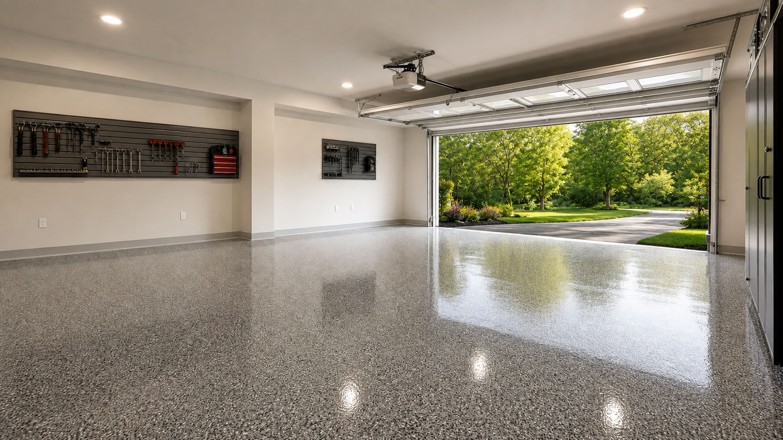 Premium residential garage with professionally coated decorative flake floor